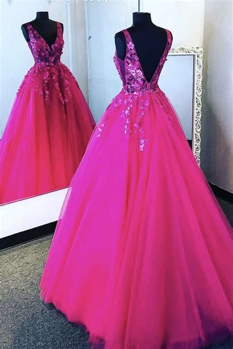 V Neck Hot Pink Tulle Lace Prom Dresses Backless Hot Pink Floral