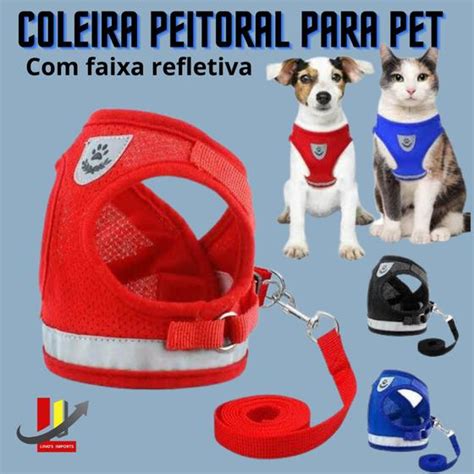 Coleira Cachorro E Gato Guia Peitoral Colete Refletivo Completa