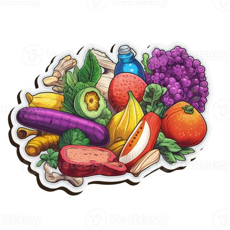 Sticker Style Healthy Food Bunch Of Fruit Vegetable Meat On