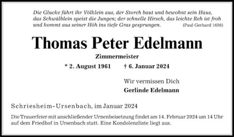 Traueranzeigen Von Thomas Peter Edelmann Trauerportal Ihrer Tageszeitung