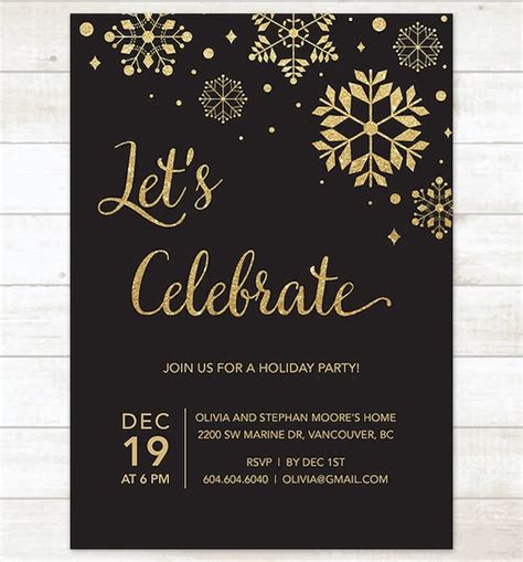 black gold holiday party invitation printable snowflakes black