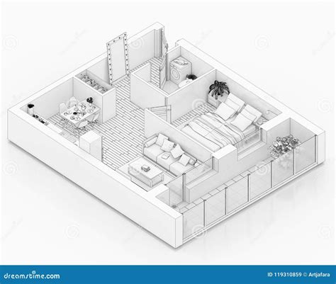 Line Drawing Floor Plan On A White Background Stock Illustration