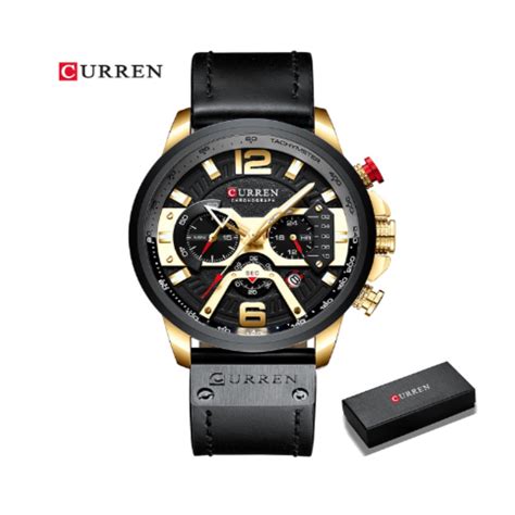 Relógio Masculino Curren Preto Dourado Pulseira Couro Original Top