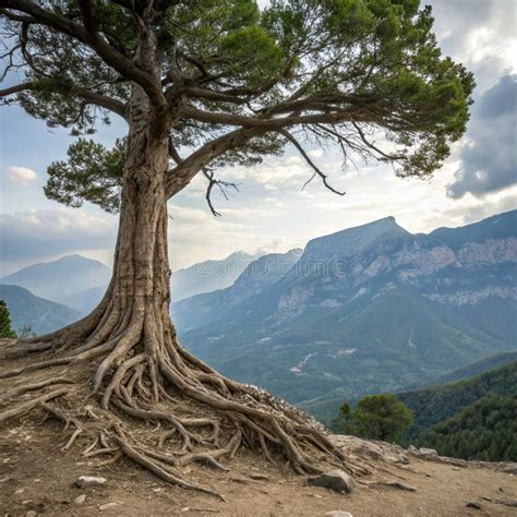 Big Tree With Big Root And Mountain Background Stock Illustration