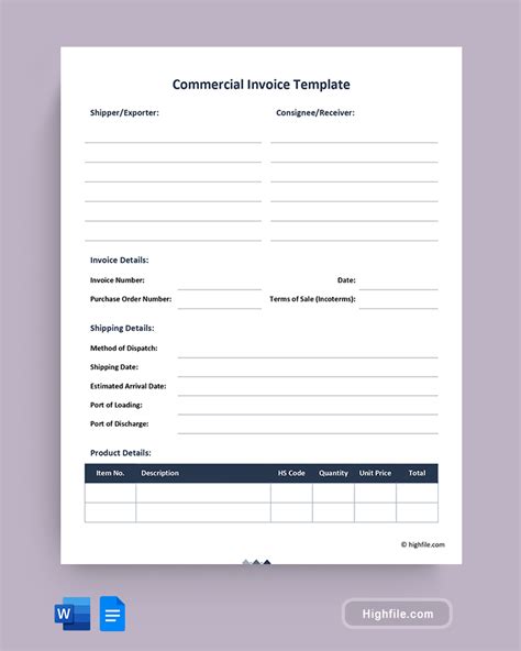 Commercial Invoice Template - Word | Google Docs - Highfile