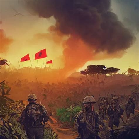 Handmade Illustration Of An Epic Vietnam War Scene Stable Diffusion