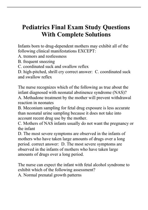 Pediatrics Final Exam Study Questions With Complete Solutions Peds