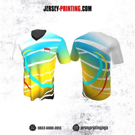 Jersey Badminton Merah Putih Garis Putih Biru Kuning Jersey Printing