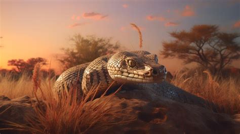 Foto De African Rock Python En La Sabana Al Atardecer Foto Premium