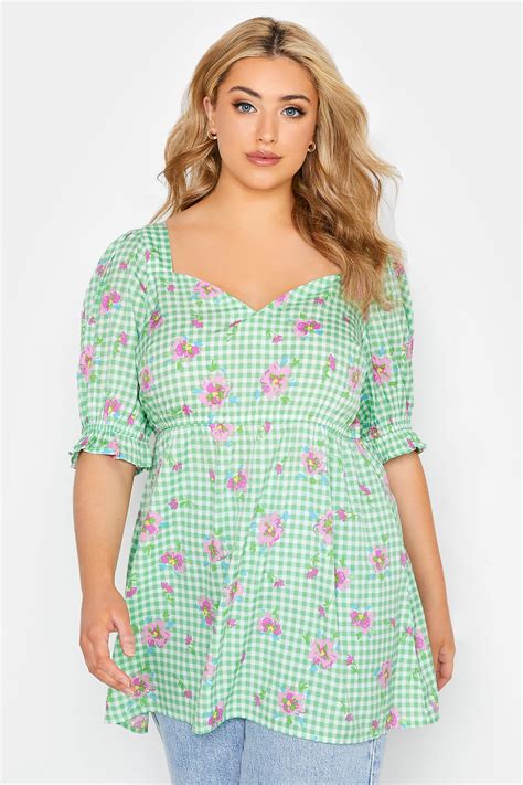 Limited Collection Plus Size Green Gingham Floral Puff Sleeve Peplum