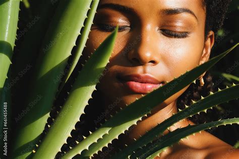 Close Up Face Of Beautiful Young Woman Covering Her Face By Green Aloe