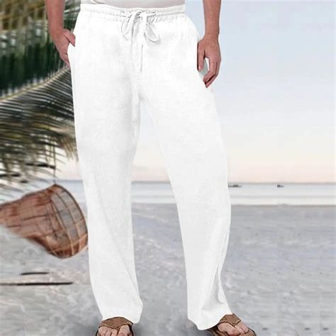 Men Cotton Linen Pants Solid Color Breathable Pocket Elastic Waist