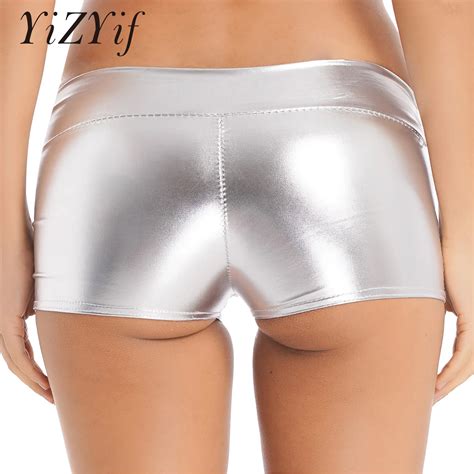 Womens sexy metálico rave booty shorts cintura baixa elastano brilhante