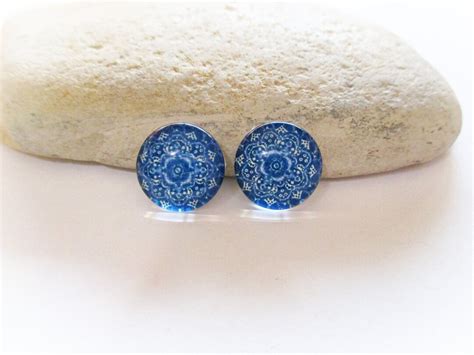 2 Glass Dome Cabochons Blue And White Mandala Flatbacks For 12mm Setting Mandala Earrings