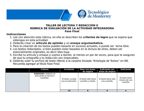 B3 S13 Rubrica Actividad Integradora Fasefinal TALLER DE LECTURA Y