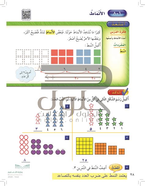 حل درس الأنماط رياضيات ثاني ابتدائي الفصل الدراسي الاول المنهج السعودي