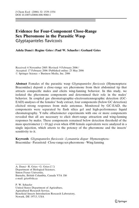 Pdf Evidence For Four Component Close Range Sex Pheromone In The