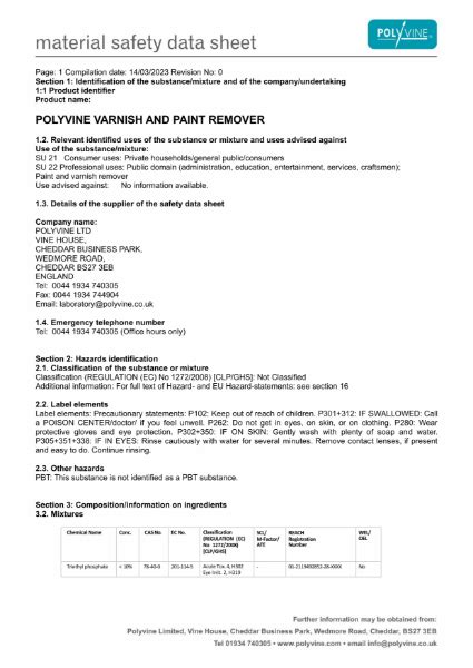 Varnish And Paint Remover Material Safety Data Sheet Polyvine Limited