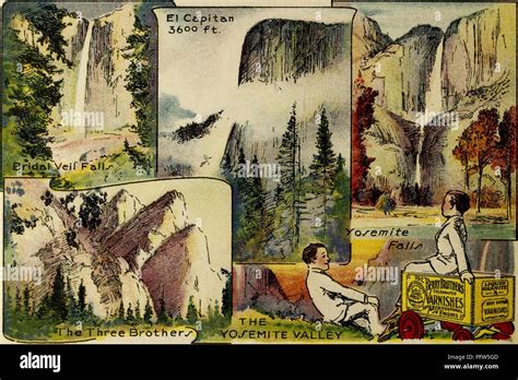 Ilustración a color mostrando varias imágenes del valle de Yosemite