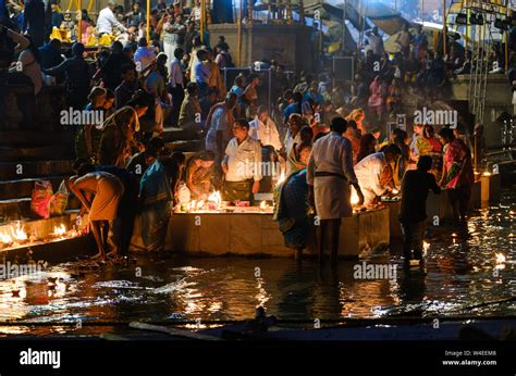 Varanasi INDIA CIRCA NOVEMBER 2018 People At Night On The Ghats Of