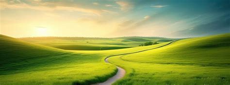 Picturesque Winding Path Through A Green Grass Field In Hilly Area In Morning At Dawn Against