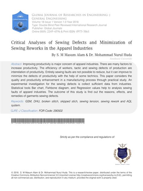 Pdf Critical Analyses Of Sewing Defects And Minimization Of Sewing