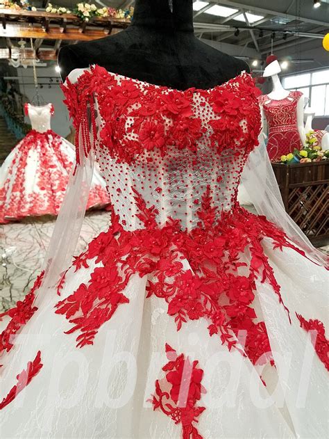 Red And White Wedding Dress Long Sleeve Off Shoulder