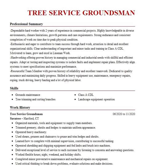 Tree Service Groundsman Resume Example