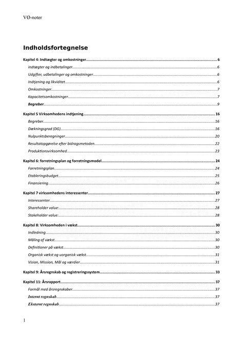 Virksomheds Konomi Noter Indholdsfortegnelse Kapitel Indt Gter Og
