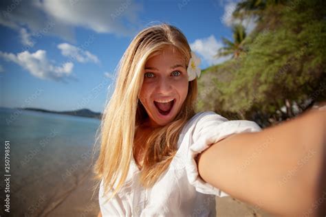 Travel Vacation Tourist Blonde Teen Girl Selfie Photo With Phone On Tropical Holiday Summer