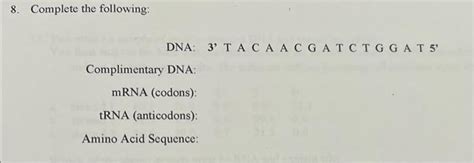 Solved 8. Complete the following: DNA: 3' T A C A A C G A T | Chegg.com 