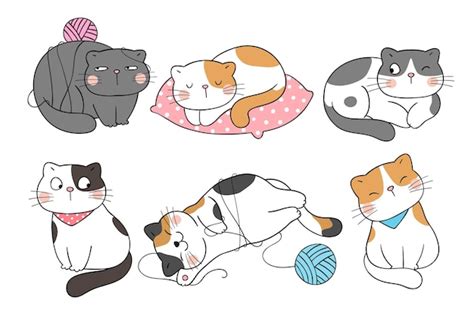 Premium Vector Draw Collection Funny Cat Doodle Cartoon Style