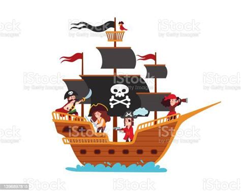 Pirate Ship On A White Background Vector Flat Illustration向量圖形及更多海盜圖片