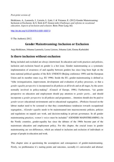 Pdf Gender Mainstreaming Inclusion Or Exclusion