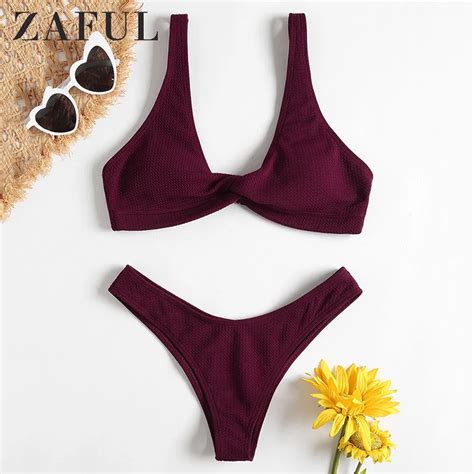 Zaful Summer Bikini Textured Twist Front Bathing Suit Padded Women