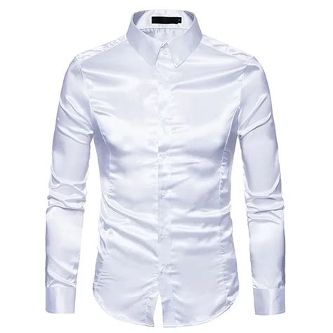 Silk Satin Shirt Men 2017 White Men Shirt Long Sleeve Slim Fit Male Shirt Emulation Silk Casual