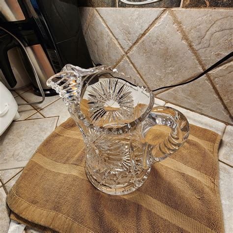 American Brilliant Cut Glass Lead Crystal Water Pitcher Abp Hand Cut Lead Crystal Cross Hatch