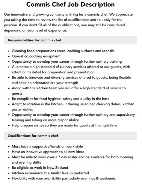 Commis Chef Job Description Velvet Jobs