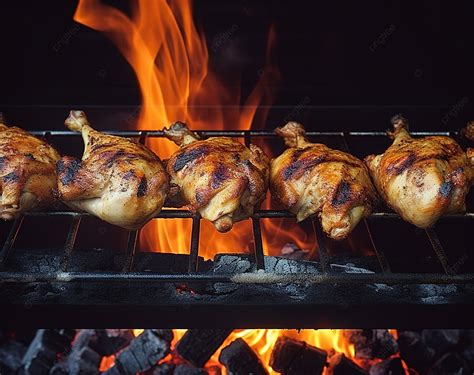 Grilled Chicken On An Open Grill With Fire Background Grilled Several