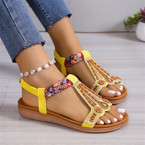 Adjfdgt Summer Sandals 2024 Comfortable Womens Summer Fashion Flat Open Toe Beaded Bohemian