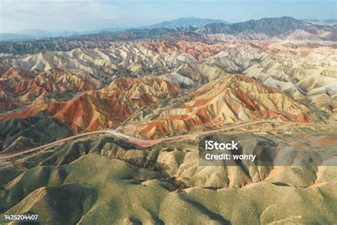 Aerial View Of Danxia Landform At Zhangye National Geopark Stock Photo - Download Image Now - iStock