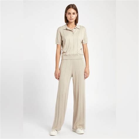 Boa Pants Jumpsuits Boa Nude Set Ribbed Knit Wide Leg Trousers And Polo Top Stone Xs