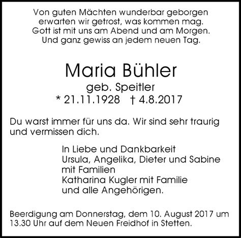 Traueranzeigen von Maria Bühler ZVW Trauer