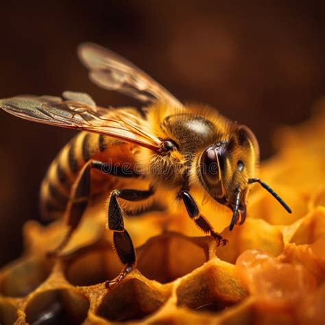 Detailed Macro Image Of A Bee Collecting Honey In A Beehive Generative Ai Bee On A Honeycomb In