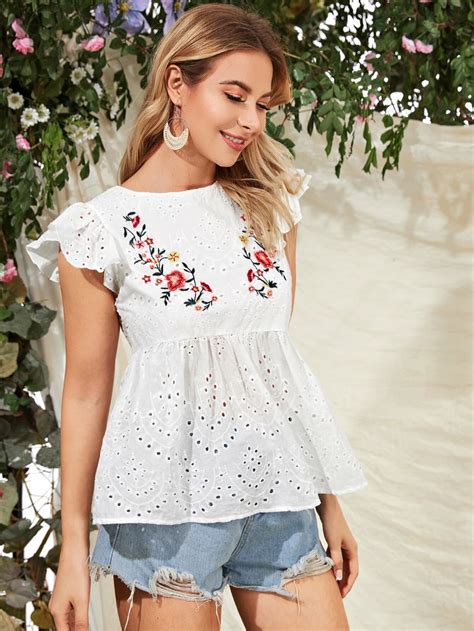 SHEIN Ruffle Armhole Embroidered Flower Schiffy Smock Top