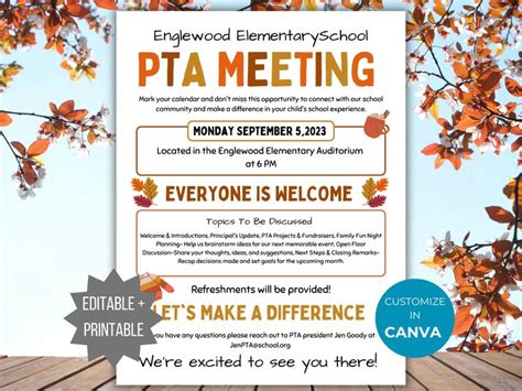 Fall Pta Meeting Flyer Printable Pto Fall Meeting Flyer Editable