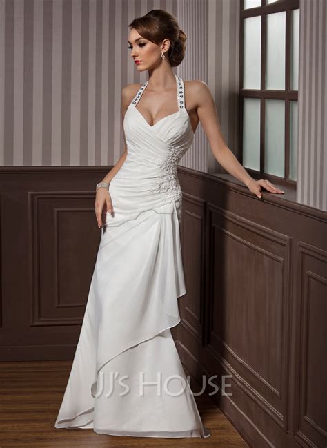 Sheath Column Halter Floor Length Chiffon Satin Wedding Dress With