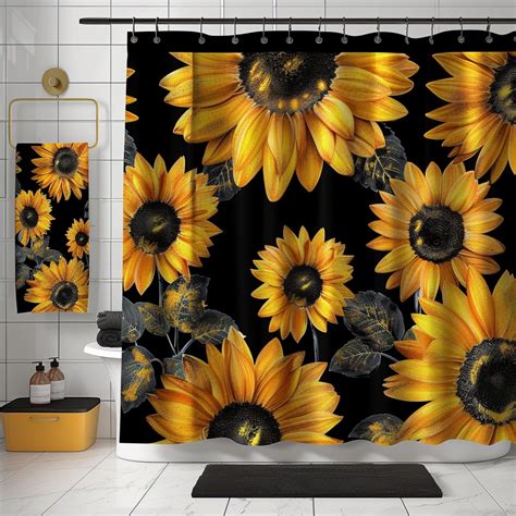 Nature Inspired Black And Yellow Sunflower Shower Curtain With