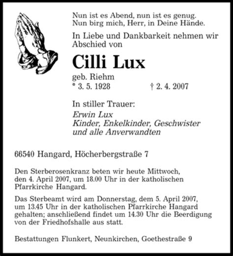 Traueranzeigen Von Cilli Lux Saarbruecker Zeitung Trauer De