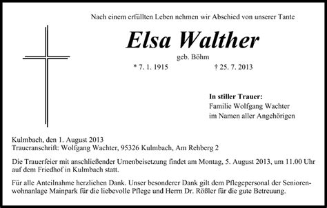 Elsa Walther Traueranzeige Trauer InFranken De